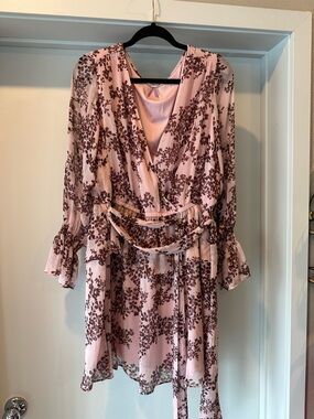 LC Lauren Conrad Pink Floral Wrap Dress with Brown Floral Print